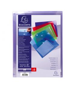 Cartelle con tasca chiusura con velcro 
Ppl liscio 200 micron - F.to 24x32 cm per A4. Conf in 5 colori assortiti.