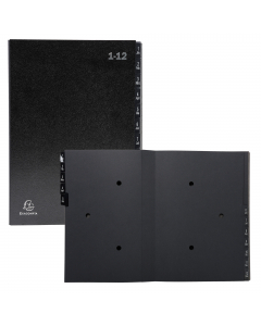 Copertina in cartone riciclato rigido 1.3 mm e tasti stampati. Interno in carta riciclata nera 270 g/mq con 2 fori per visualizzare il contenuto. Formato 25x33 cm per documenti A4.
