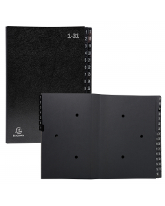 Copertina in cartone riciclato rigido 1.3 mm e tasti stampati. Interno in carta riciclata nera 270 g/mq con 2 fori per visualizzare il contenuto. Formato 25x33 cm per documenti A4.