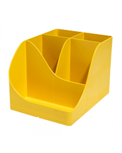 Composto da 4 scomparti alti per riporre forbici, matitte, penne, ecc e 1 scomparto più basso per piccoli oggetti come graffette, puntine da disegno, chiavette USB o cellulare. Realizzato con plastica riciclata proveniente dai rifiuti domestici e quindi c