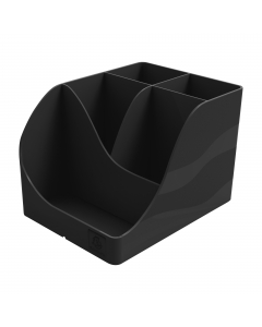 Composto da 4 scomparti alti per riporre forbici, matitte, penne, ecc e 1 scomparto più basso per piccoli oggetti come graffette, puntine da disegno, chiavette USB o cellulare. Realizzato con plastica riciclata proveniente dai rifiuti domestici e quindi c