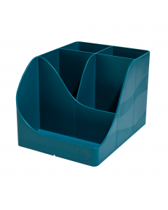 Composto da 4 scomparti alti per riporre forbici, matitte, penne, ecc e 1 scomparto più basso per piccoli oggetti come graffette, puntine da disegno, chiavette USB o cellulare. Realizzato con plastica riciclata proveniente dai rifiuti domestici e quindi c