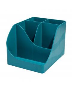 Composto da 4 scomparti alti per riporre forbici, matitte, penne, ecc e 1 scomparto più basso per piccoli oggetti come graffette, puntine da disegno, chiavette USB o cellulare. Realizzato con plastica riciclata proveniente dai rifiuti domestici e quindi c
