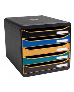 Cassettiera per documenti (A4, A4+ o 24x32 cm), struttura monoblocco, resistente e ultrarigida. Realizzata con plastica riciclata proveniente dai rifiuti domestici e quindi certificata Blue Angel.  4 piccoli incastri sulla parte superiore della cassettier