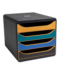 Cassettiera per documenti (A4, A4+ o 24x32 cm), struttura monoblocco, resistente e ultrarigida. Realizzata con plastica riciclata proveniente dai rifiuti domestici e quindi certificata Blue Angel.  4 piccoli incastri sulla parte superiore della cassettier