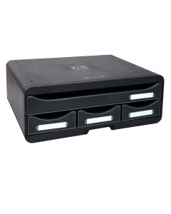 Custodia con 4 cassetti: un cassetto aperto per documenti A4+ e altri 3 per sistemare piccoli oggetti. Ideali per gli spazi poco profondi tipo scrivanie, armadi e scaffali. Sovrapponibile grazie a 4 piccoli incastri. Scorrimento perfetto dei cassetti con 