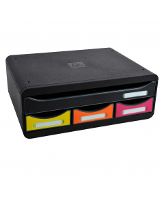 Custodia con 4 cassetti: un cassetto aperto per documenti A4+ e altri 3 per sistemare piccoli oggetti. Ideali per gli spazi poco profondi tipo scrivanie, armadi e scaffali. Sovrapponibile grazie a 4 piccoli incastri. Scorrimento perfetto dei cassetti con 