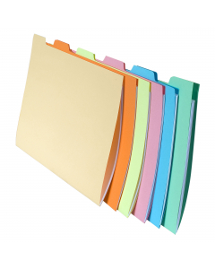 Separatori per cartelle sospese per cassetto. Set di 6 cartelline colorate per cartelle sospese con tacca per una immediata identificazione. In robusto cartoncino da 240gr. Formato 24x32cm. Confezione da 10 set.