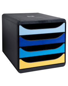 Cassettiera da scrivania formato A4. Monoblocco, ultrarigida. Cassetti con blocco d'arresto e aperti per consentire l'inserimento diretto dei documenti. Formato esterno:347x278x271 mm.