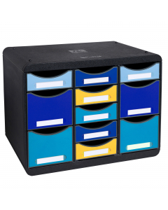 Cassettiera da scrivania. Formato orizzontale. Monoblocco, ultrarigida. Cassetti con blocco d'arresto e aperti per consentire l'inserimento diretto dei documenti. Formato esterno: 270X355X271mm. Portaetichetta in dotazione, sovrapponibile grazie a 4 picco