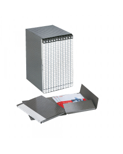Gruppo Delso Line composto da 12 cartelle a 2 lembi (dorso 1,5 cm; dimensioni 25x32 cm) raggruppate in un'unica custodia e realizzate in robusto fibrone da 1,2 mm stampato e plastificato. La custodia, in fibrone da 0,9 mm stampato, è dotata di bande later