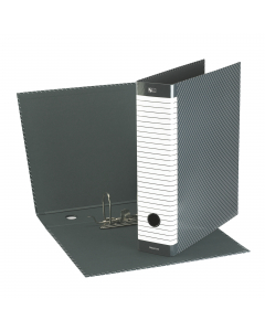 Registratore con ampio dorso riscrivibile per la massima personalizzazione. Robusta struttura in cartone (spessore 2 mm) rivestita in carta stampata e plastificata. Dotato di foro per l'estrazione e meccanismo a leva con 2 anelli. Resistente custodia da 0