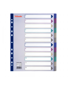 Separatori in robusto Polipropilene (spessore 300 micron) dagli eleganti colori traslucidi. Pagina indice in cartoncino da 150 gr provvista di rinforzi sul lato forato. Perforazione universale. Formato Maxi e 12 tasti colorati per una comoda classificazio