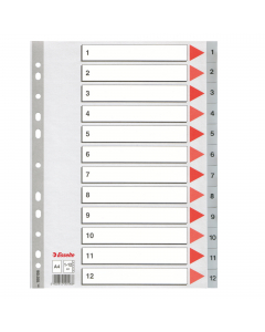 Separatori in PPL grigio da 115micron e tasti stampati da 1-12. Indice frontale prestampato in cartoncino. Foratura universale. Formato A4 maxi 22,5x29,7cm .