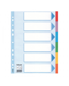Striscia perforata rinforzata sulla prima pagina. 
Cartoncino riciclato Blue Angel. 
6 tasti colorati per una facile classificazione
 Perforazione universale a 11 fori
. Formato A4. 
Cartoncino robusto 160 gr/mq. 
In cartoncino riciclato di alta qualità c