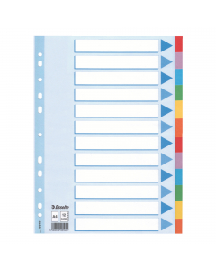 Striscia perforata rinforzata sulla prima pagina
12 tasti colorati per una facile classificazione
. Perforazione universale a 11 fori. 
Formato A4
. Cartoncino robusto 160 gr/mq.
 In cartoncino riciclato di alta qualità certificato Blue Angel.