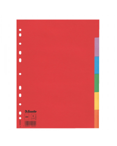Intercalari in cartoncino riciclato (certificazione Blue Angel) da 160 gr. Dotati di 6 tacche neutre colorate (colori assortiti). Foratura universale. Formato A4.