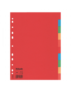 Intercalari in cartoncino riciclato (certificazione Blue Angel) da 160 gr. Dotati di 10 tacche neutre colorate (colori assortiti). Foratura universale. Formato A4.