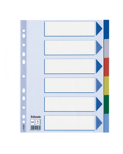 Separatori in Polipropilene colorato dotati di 6 tasti neutri multicolore. Indice frontale prestampato realizzato in cartoncino e rinforzato in Mylar sul lato forato. Perforazione universale. Formato A4.