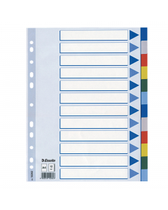 Separatori in Polipropilene colorato dotati di 12 tasti neutri multicolore. Indice frontale prestampato realizzato in cartoncino e rinforzato in Mylar sul lato forato. Perforazione universale. Formato A4.