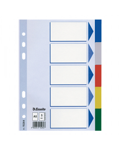 Separatori in Polipropilene colorato dotati di 5 tasti neutri multicolore. Indice frontale prestampato realizzato in cartoncino e rinforzato in Mylar sul lato forato. Perforazione universale. Formato A5.
