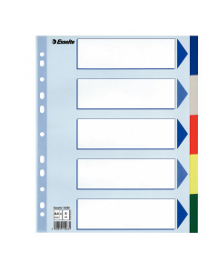 Separatori in Polipropilene colorato dotati di 5 tasti neutri multicolore. Indice frontale prestampato realizzato in cartoncino e rinforzato in Mylar sul lato forato. Perforazione universale e formato A4 Maxi consentono una comoda archiviazione dei docume