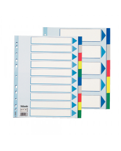 Separatori in Polipropilene colorato dotati di 10 tasti neutri multicolore. Indice frontale prestampato realizzato in cartoncino e rinforzato in Mylar sul lato forato. Perforazione universale e formato A4 Maxi consentono una comoda archiviazione dei docum