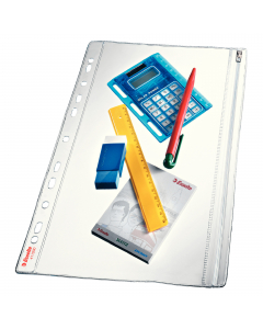 Busta con foratura universale per l'archiviazione in raccoglitori ad anelli. PVC trasparente liscio. Chiusura sul lato lungo con zip colorata per conservare in sicurezza documenti o piccola cancelleria. F.to utile 18x30cm. Formato esterno: 21.5x30.7cm. Co