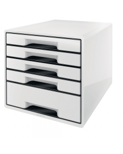 Cassettiera Black & White da 5 cassetti: 4 cassetti poco profondi + 1 cassetto alto per accessori da scrivania, come cucitrice, dispositivi mobili, ecc. Cassettiere impilabili fino a 3 moduli. Ergonomico buco presa nella parte inferiore del cassetti poco 