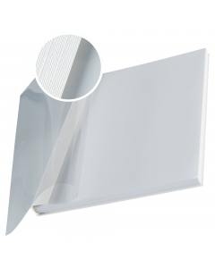 Cartelline termiche con fronte trasparente antigraffio e retro bianco grain.