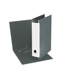 Registratore con ampio dorso riscrivibile per la massima personalizzazione. Robusta struttura in cartone (spessore 2 mm) rivestita in carta stampata e plastificata. Dotato di foro per l'estrazione e meccanismo a leva con 2 anelli. Resistente custodia da 0