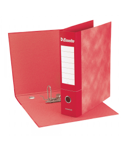 Registratore con meccanismo a leva rivestito in cartone rosso (spessore 2 mm), con originale grafica nuvolata all'esterno ed effetto retinato di uguale tonalità all'interno. Foro per l'estrazione ed ampia etichetta stampata sul dorso per favorire la perso
