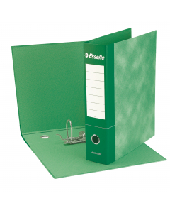 Registratore con meccanismo a leva rivestito in cartone verde (spessore 2 mm), con originale grafica nuvolata all'esterno ed effetto retinato di uguale tonalità all'interno. Foro per l'estrazione ed ampia etichetta stampata sul dorso per favorire la perso