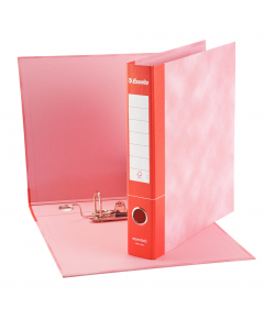 Registratore con meccanismo a leva rivestito in cartone rosso (spessore 2 mm), con originale grafica nuvolata all'esterno ed effetto retinato di uguale tonalità all'interno. Foro per l'estrazione ed ampia etichetta stampata sul dorso per favorire la perso