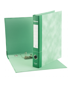 Registratore con meccanismo a leva rivestito in cartone verde (spessore 2 mm), con originale grafica nuvolata all'esterno ed effetto retinato di uguale tonalità all'interno. Foro per l'estrazione ed ampia etichetta stampata sul dorso per favorire la perso