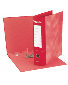 Registratore con meccanismo a leva rivestito in cartone rosso (spessore 2 mm), con originale grafica nuvolata all'esterno ed effetto retinato di uguale tonalità all'interno. Foro per l'estrazione ed ampia etichetta stampata sul dorso per favorire la perso