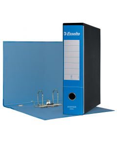 Registratore con meccanismo a leva rivestito in cartone blu (spessore 2 mm), con originale grafica nuvolata all'esterno ed effetto retinato di uguale tonalità all'interno. Foro per l'estrazione ed ampia etichetta stampata sul dorso per favorire la persona