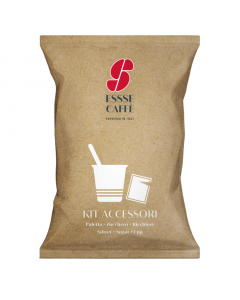 Serving kit 50 bicchierini in carta + 50 bustine zucchero bianco + 50 palettine in legno incartate singolarmente.