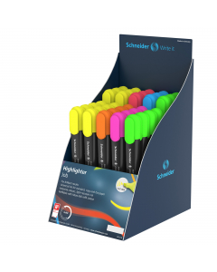 Espositore da banco con 85 evidenziatori in colori assortiti (giallo, verde, arancione, fucsia, rosso e blu).