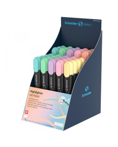 Espositore da banco con 85 evidenziatori in colori assortiti (turchese, verde menta, lilla, rosa, vaniglia e pesca).