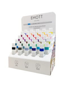 Espositore da banco con 120 fineliner Emott tratto 0.4mm. Inchiostro a base d'acqua e dal design innovativo. Assortimento in 40 eleganti colori.