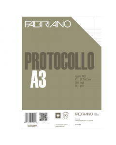 Carta protocollo A3 piegata in due (2 A4)  non filigranata prodotta con cellulosa di prima qualità. 100% di pura cellulosa E.C.F. acid-free, con riserva alcalina a garanzia di lunga conservazione.