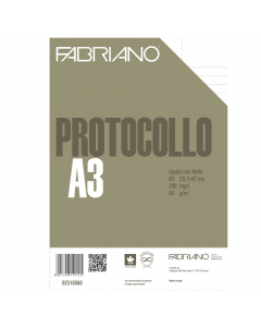 Carta protocollo A3 piegata in due (2 A4)  non filigranata prodotta con cellulosa di prima qualità. 100% di pura cellulosa E.C.F. acid-free, con riserva alcalina a garanzia di lunga conservazione.