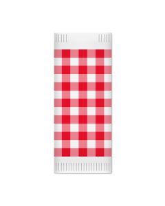 Confezione da 1000 porta posate di carta. Gamma informale in cellulosa decorata per tutti i giorni. Linea Snack Colore: quadretti rossi e bianchi
