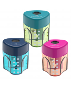 Temperamatite di plastica mini, triangolare con serbatoio, 1 foro. Colori assortiti.