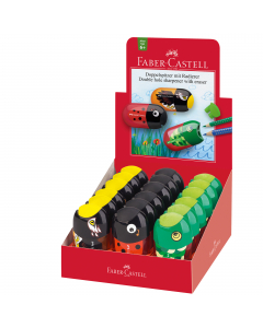 Temperamatite a 2 fori uno per le matite standard e uno per le matite Jumbo. Gomma incorporata. La scatola contiene 18 temperini ANIMALS con 3 soggetti assortiti: pesce, coccinella, aquila.