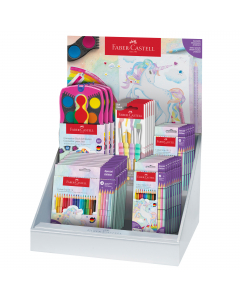 Espositore Special Edition Unicorn con 15 astucci matite colorate Colour Grip 10+3, 10 astucci matite colorate Colour Grip 18+6, 5 astucci pennelli Soft-Touch pastel, 3 astucci acquerelli Connector.