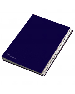 ROBUSTA COPERTINA RIVESTITA IN DERMOIDE. INTERNO A 22 SCOMPARTI IN TENACE CARTONCINO ACCOPPIATO. DORSO A SOFFIETTO RIVESTITO INIMITLIN. RUBRICA ARTICOLATA SU UNA SCALA IN PLASTICA SERIGRAFATA. FORMATO UTILE 240X340MM.