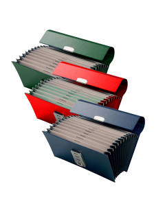 Portadocumenti a soffietto per portacambiali a 12 scomparti. (gen-dic). 
Copertina rivestita in dermoide con interno a soffietto in tela rinforzata. 
Divisori in cartoncino. 
Chiusura con meccanismo. 
Formato utile 28x13cm. 
Colori assortiti: blu, rosso, 