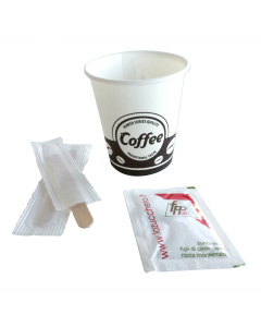 Serving kit 50 bicchierini in carta + 50 bustine zucchero bianco + 50 palettine in legno incartate singolarmente.